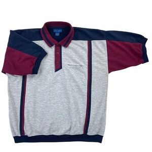 Vintage Towncraft Ribbed Polo Shirt‎ Men L Gray Blue Maroon Vertical Stripe 90s